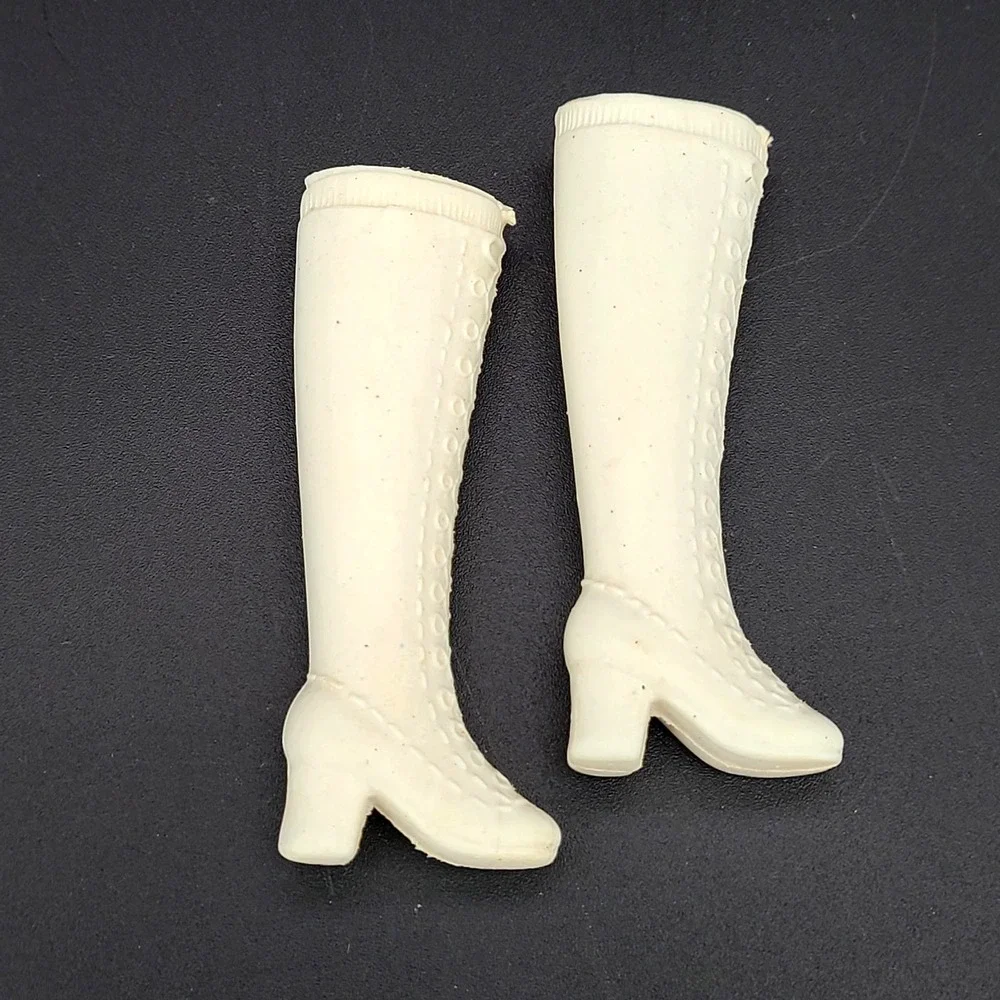 Vintage 1970s Barbie White Knee High Go-Go Boots Hard Plastic Doll Shoes